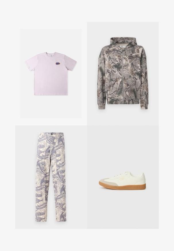 Fuld-zip hoodie med fast hætte i camouflagemønster, der har trægrene, blade og fyrnåle i jordfarver.; Lyserød bomuld T-shirt med korte ærmer, med en lille flerfarvet logo på venstre brystområde. Enkel, afslappet design.; Lett, cremede bukser med et blåt abstrakt bølgemønster. De har en lige pasform med to forkastede folder og en knaplukning.; Sneaker lavet af hvid læder med en beige tåhætte og let brunt gummisål. Har flade hvide snørebånd og prægede branding på siden.
