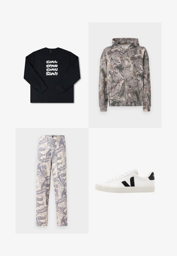 Sudadera con cremallera completa y capucha adjunta en estampado de camuflaje que presenta ramas de árboles, hojas y agujas de pino en tonos terrosos.; Sudadera negra de manga larga con un logo gráfico blanco repetido en letras estilizadas en la parte delantera. Fabricada con un tejido suave.; Pantalones cremosos ligeros con un patrón abstracto de olas azules. Tienen un corte recto, con dos pliegues frontales y un cierre de botón.; Zapatilla de cuero blanca con acentos de ante negro; presenta una suela de goma, puntera redonda y un diseño clásico de cordones. Logo lateral en negro.