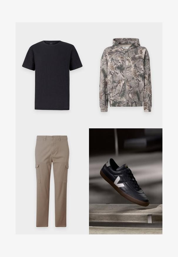 Volledige rits hoodie met vaste capuchon in camouflageprint, versierd met boomtakken, bladeren en dennennaalden in aardetinten.; Zwarte t-shirt van een zachte, lichtgewicht stof met een klassieke ronde halslijn en korte mouwen. Eenvoudig, effen ontwerp zonder patronen of accenten.; Jack & Jones Cargo Tapered Fit - Cargobroek - brindle; Zwarte leren sneakers met een wit V-logo, vetersluiting aan de voorkant, geperforeerde details en een bruine rubberen zool; strak ontwerp met minimale accenten.