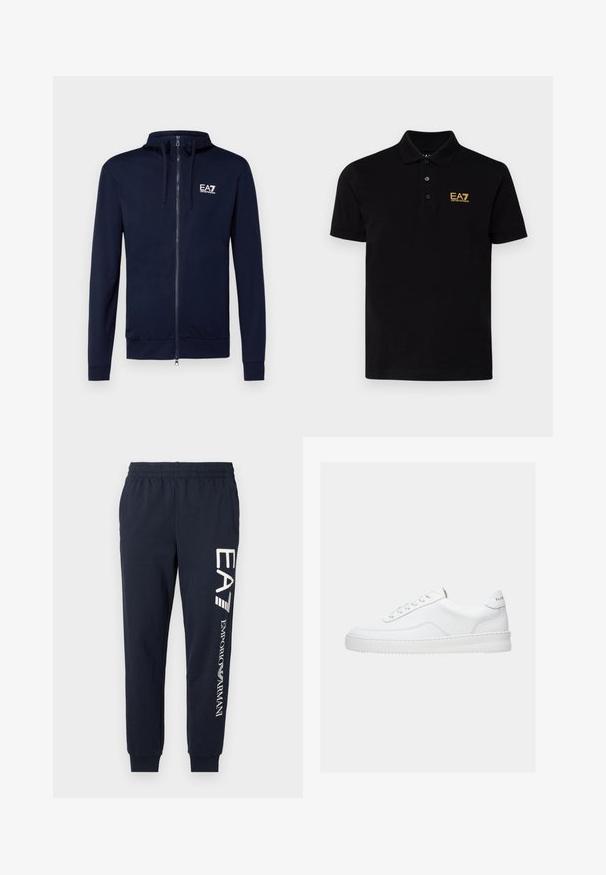 Ναυτικό zip-up hoodie φτιαγμένο από μαλακό υλικό, με κουκούλα που ρυθμίζεται με κορδόνι και λογότυπο EA7 στο στήθος. Άνετη εφαρμογή με ριμπ μανσέτες και στρίφωμα.; Μαύρο πόλο πουκάμισο από βαμβάκι με κλασικό γιακά, που διαθέτει τρία κουμπιά στο λαιμό και χρυσό λογότυπο EA7 στο αριστερό στήθος.; Ναυτικό μπλε βαμβακερές φόρμες με ελαστική μέση, τετραγωνισμένα πόδια και αντίθετες λευκές εκτυπώσεις των λογότυπων EA7 και Emporio Armani κατά μήκος της πλευράς.; Λευκό sneaker χαμηλού τόνου με σχέδιο δέσιμο κορδονιών, λείο δερμάτινο επάνω μέρος και παχύ πάτο, εμφανιζόμενο από πλευρική όψη σε απλό φόντο.