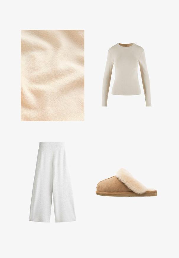 Cremefarbener, strukturierter Stoff mit einer weichen, flauschigen Oberfläche und subtilen Rippungen, die sanfte Falten und Wellen zeigen.; Beige langärmliges Rippoberteil mit Rundhalsausschnitt; hat ein tailliertes Design und ein kleines Logo-Detail am Bündchen.; Weit geschnittene, hellgraue Strickhose mit elastischem Bund und locker-sitzender, verkürzter Passform.; Beige Wildlederschlappen mit einem weichen, flauschigen Innenfutter aus cremefarbener Schafsleder. Verfügt über eine flache, strukturierte Gummisohle für einen sicheren Halt.