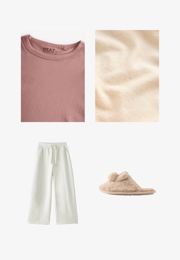 Tissu texturé couleur crème avec une surface douce et duveteuse, présentant des plis et ondulations délicats.; T-shirt à manches longues à col ras-du-cou couleur rose poudré, en coton doux, avec un col rond simple et une texture lisse. L'étiquette indique "NEXT."; Pantalon blanc à jambes larges avec taille élastique, cordon de serrage à l'avant, poches latérales, et détails de coutures visibles sur un fond uni.; Chausson beige duveteux à enfiler avec deux pompons sur le dessus et une semelle plate, conçu pour une utilisation intérieure.