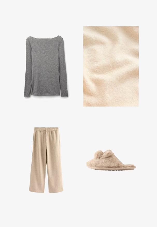 Cremefarbener, strukturierter Stoff mit einer weichen, flauschigen Oberfläche und subtilen Rippungen, die sanfte Falten und Wellen zeigen.; Graues, eng anliegendes Langarmshirt mit weitem Boot-Ausschnitt, aus weichem, leichtem Strickstoff.; Beige weite Hosen aus weichem Stoff, mit einem elastischen Bund und Kordelzug, sowie einer subtilen gesprenkelten Textur.; Beige flauschiger Hausschuh zum Hineinschlüpfen mit zwei Pompons oben und einer flachen Sohle, für den Innenbereich konzipiert.