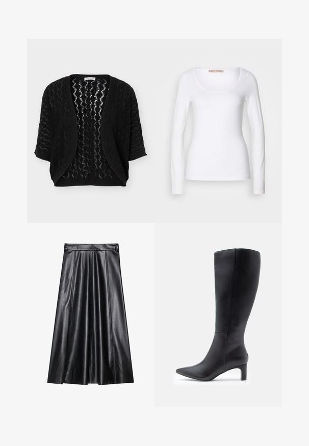 Cardigan noir ouvert devant avec manches trois-quarts et motif en dentelle zigzag texturé.; T-shirt en coton blanc à manches longues, avec un col rond et une coupe ajustée, au toucher doux et sans ornement.; Jupe A-line en cuir noir avec plis, présentant une texture lisse, une taille cintrée et des détails de couture visibles. Aucun accent supplémentaire.; Bottes noires en cuir, arrivant jusqu'aux genoux, avec des bouts pointus, présentant un design épuré et un petit talon carré. Texture lisse avec des accents minimalistes.