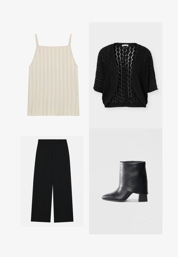 Cardigan noir ouvert devant avec manches trois-quarts et motif en dentelle zigzag texturé.; Camisole beige clair avec un motif à rayures verticales, fines bretelles réglables et coupe décontractée. Texture lisse avec un léger éclat.; Pantalons noirs à jambe large en tissu lisse. Dotés d'une taille plate avec passants de ceinture et sans poches visibles. Design simple.; Bottine en cuir noir à bout pointu, texture lisse et talon bloc structuré. Elle se distingue par un design de revers haut et plié.