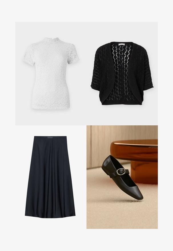 Sort åben cardigan med trekvartærmer og struktureret zigzag blonemønster.; Hvid bluse i blonder med korte ærmer og en høj, scallop-formet halsudskæring. Blomster mønster hele vejen igennem, semi-gennemsigtigt stof med en struktureret overflade.; Sort, knælang nederdel lavet af letvægtsstof med et svævende design. Har en glat tekstur og subtile plisseringer for en ekstra detalje.; Sort Mary Jane flatsko i læder med sølvspænde, vist på beige tæppe nær en brun rund bordfod.