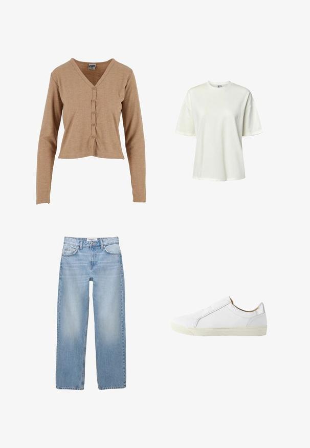 Cardigan long à manches longues marron côtelé avec un col en V, présentant une patte de boutonnage à l'avant et un ourlet court. Texture douce et design ajusté.; T-shirt blanc uni à manches courtes et col rond, coupe ample, présenté sur un fond blanc.; Jean en denim bleu clair avec une coupe droite, style cinq poches et des détails de couture visibles. Le tissu a une texture douce et légèrement décolorée.; Baskets en cuir blanc à tige basse avec fermeture éclair latérale, doublure intérieure beige et semelle en caoutchouc blanc cassé, vues de profil extérieur.