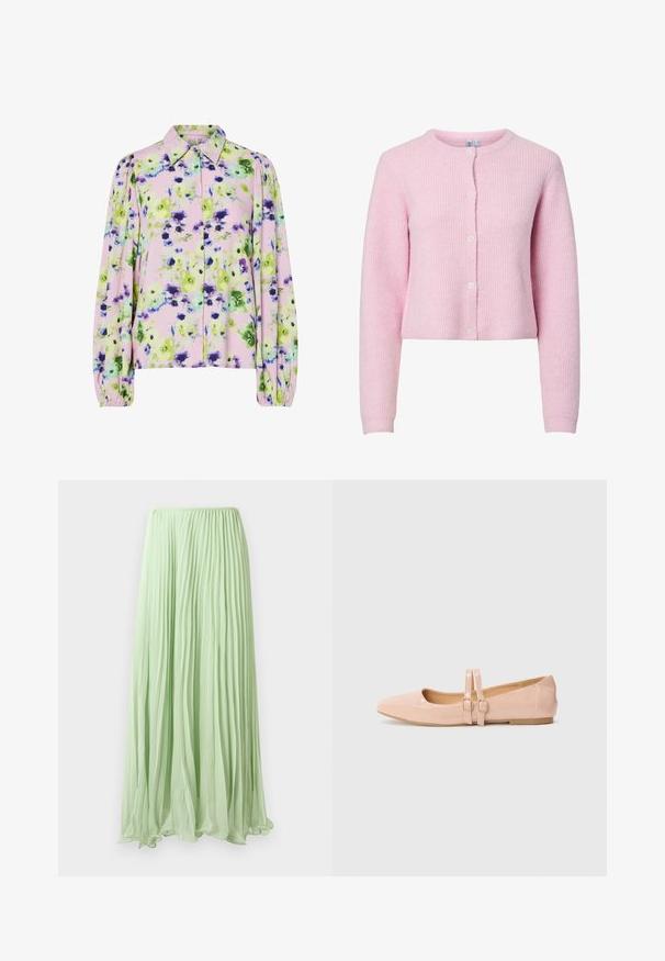 Roze geribbeld vest met ronde hals, lange mouwen en sluiting met vijf knopen. Zachte textuur, cropped ontwerp en subtiele glans.; Bloes met bloemenpatroon, vervaardigd uit pastelroze stof met groene en paarse bloemen, met een kraag en opgeblazen lange mouwen.; Lichtgroene geplooide lange rok van lichte stof met elastische tailleband, weergegeven tegen een witte achtergrond.; Lichtroze gepatenteerde leren balletschoenen met een spitse neus, voorzien van twee verstelbare banden en een lage, platte rubberen zool.
