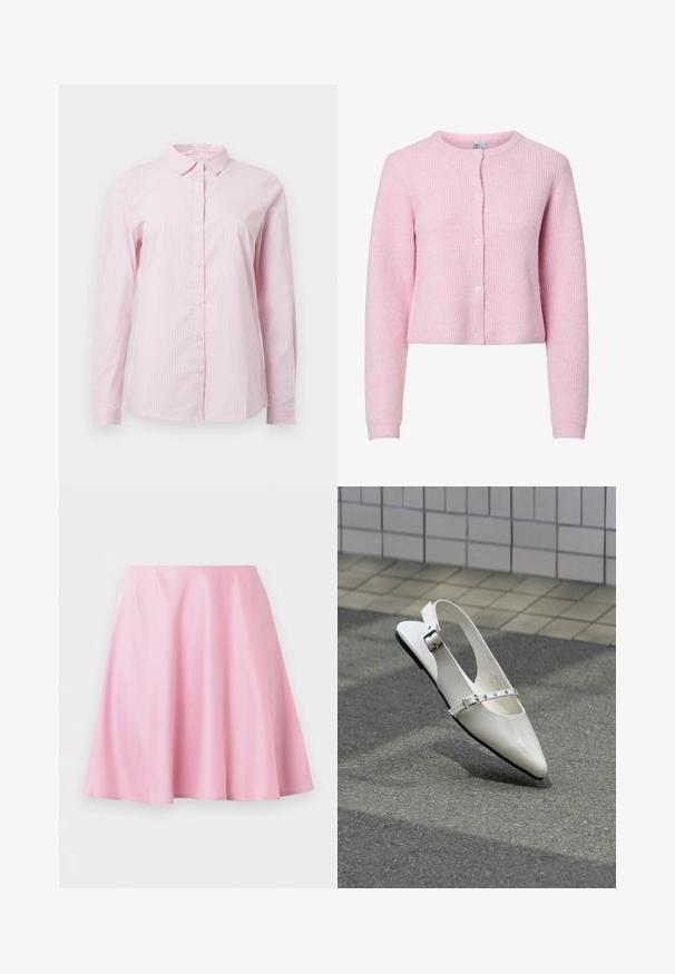 Roze geribbeld vest met ronde hals, lange mouwen en sluiting met vijf knopen. Zachte textuur, cropped ontwerp en subtiele glans.; Roze gestreepte overhemden met knoopsluiting, een kraag en lange mouwen. Gemaakt van lichtgewicht stof met een gladde textuur.; Roze knielange A-lijn rok met gladde stof en lichte plooien, weergegeven tegen een effen witte achtergrond.; Witte puntige slingback platte schoen met twee zilveren gespen, getoond buiten op een getextureerde ondergrond en betegelde muur als achtergrond.
