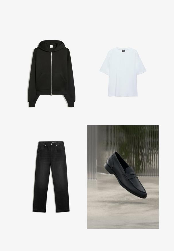 Sort lynlåshættetrøje med forlommer, lange ærmer og hætte, vist på hvid baggrund.; Hvid, oversized T-shirt med korte ærmer og rund halsudskæring, med en sort etiket inde i kraven på en hvid baggrund.; Sorte denimjeans med lige bendesign, fem lommer, kontrasterende hardware og rå kantdetalje nederst.; Sort læderloafer med glat finish, spids tå og sømdetaljer over vristen. Lav hæl og minimalistisk design.