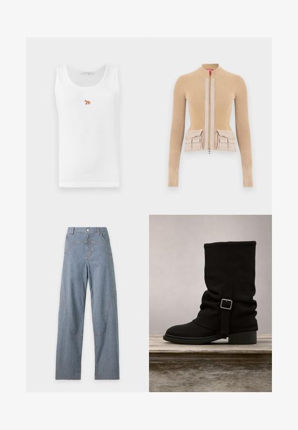 Chaqueta beige de punto acanalado con cuello alto, cremallera frontal y dos bolsillos de parche en la cintura, acentuada con una tela lisa en la parte frontal.; Camiseta sin mangas blanca con textura acanalada, que presenta un diseño bordado de un zorro en naranja y marrón en el lado izquierdo del pecho.; Pantalones azul y blanco de rayas finas con cintura alta, piernas anchas, bolsillos delanteros, trabillas para cinturón, cierre de botón y detalles de costuras curvas.; Botín negro hasta la pantorrilla con un hebilla lateral, apoyado sobre una tabla de madera, en un entorno al aire libre con césped y fondo de gravilla.