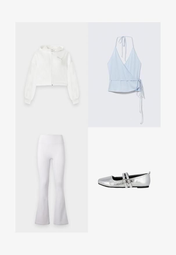 Witte cropped hoodie met rits, lange mouwen, capuchon en reflecterend Puma-logo op de linkerborst tegen een effen achtergrond.; Lichtblauwe mouwloze wikkel-top met halternekstrik en een strik aan de zijkant van de taille, plat neergelegd op een witte achtergrond.; Witte high-waist yogabroek met uitlopende pijpen en gladde stof op een effen lichte achtergrond.; Zilveren metalen balletschoenen met een puntige neus, twee smalle banden met vierkante gespen en een lage zwarte zool. Gladde textuur.