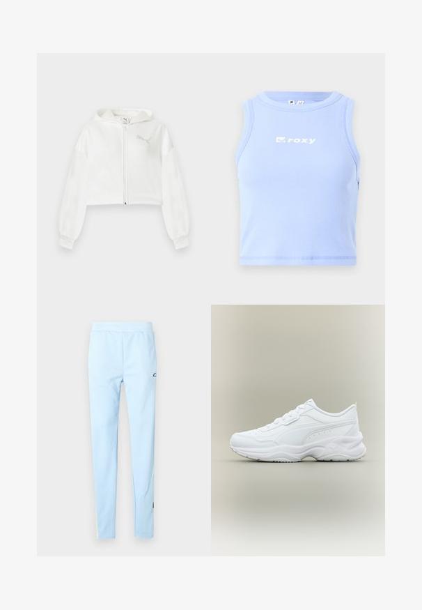 Sudadera blanca recortada con cremallera, mangas largas, capucha y logo reflectante de Puma en el pecho izquierdo sobre un fondo liso.; Camiseta sin mangas de canalé azul claro con un escote redondo y el logo "roxy" en blanco en el pecho; diseño ajustado y longitud recortada.; Pantalones deportivos de color azul claro con una textura suave, cintura elástica y un patrón sutil. Presentan un logo cerca de la cadera y detalles de color en el dobladillo.; Zapatilla deportiva blanca de perfil bajo con cierre de cordones delantero, suela texturizada y diseño de costuras sutil en el material superior liso.