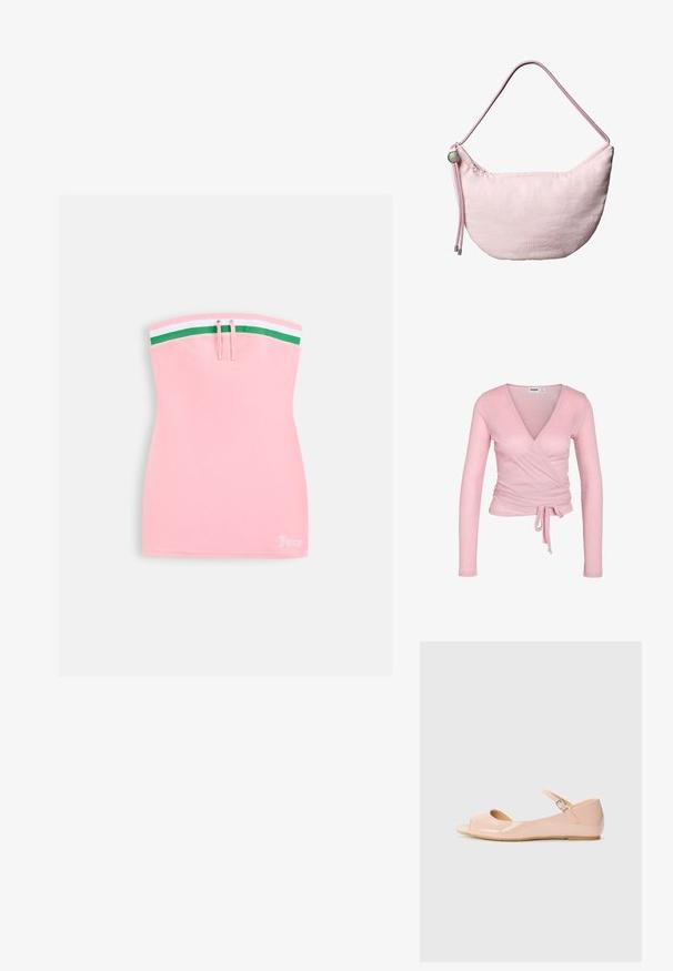 Haut cache-cœur en tricot côtelé rose clair à manches longues avec col en V et nœud à la taille, silhouette ajustée et texture de tissu douce.; Robe mini rose bustier avec bordure rayée verte et blanche en haut, détail à cordon, et petit logo blanc "Juicy" à l'ourlet inférieur.; Ballerines ouvertes en vernis rose pâle brillant, dotées d'une fine sangle ajustable à la cheville et d'une semelle plate en caoutchouc.; Sac d'épaule croissant doux rose avec une sangle en corde réglable, un arrêt en métal et un logo "cK" en relief subtil au centre avant.