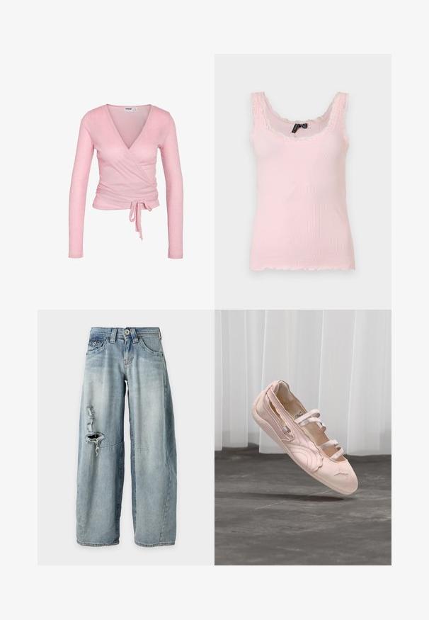 Haut cache-cœur en tricot côtelé rose clair à manches longues avec col en V et nœud à la taille, silhouette ajustée et texture de tissu douce.; Débardeur côtelé rose clair avec bordure en dentelle le long de l'encolure et des bretelles, sans manches avec une silhouette ajustée.; Jean large bleu clair avec un trou déchiré sur le haut de la cuisse gauche, cinq poches, passants de ceinture et effet délavé.; Ballerine rose pâle avec trois brides élastiques, bord festonné et semelle en caoutchouc, suspendue au-dessus d'un sol en béton avec des rideaux blancs en arrière-plan.