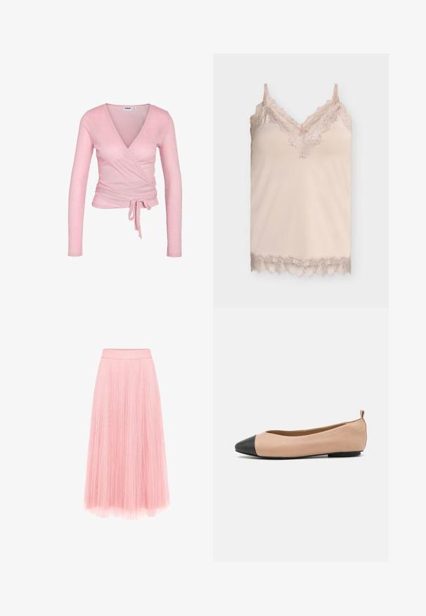 Lyserød, langærmet ribstrikket omslagstop med V-hals og bånd til at binde i taljen, tætsiddende silhuet og blød stoftekstur.; Beige silke camisole med blonder langs V-halsudskæring, stropper og kant på en ensartet lysegrå baggrund.; zero MIT PLIESSENDEM BECHER - Pliceret nederdel /Nederdele med folder - bridal rose; Læderballetflade med en nude farve og sort tætsko. Har et minimalistisk design, glat tekstur og en lille bagløkke for nem påføring.