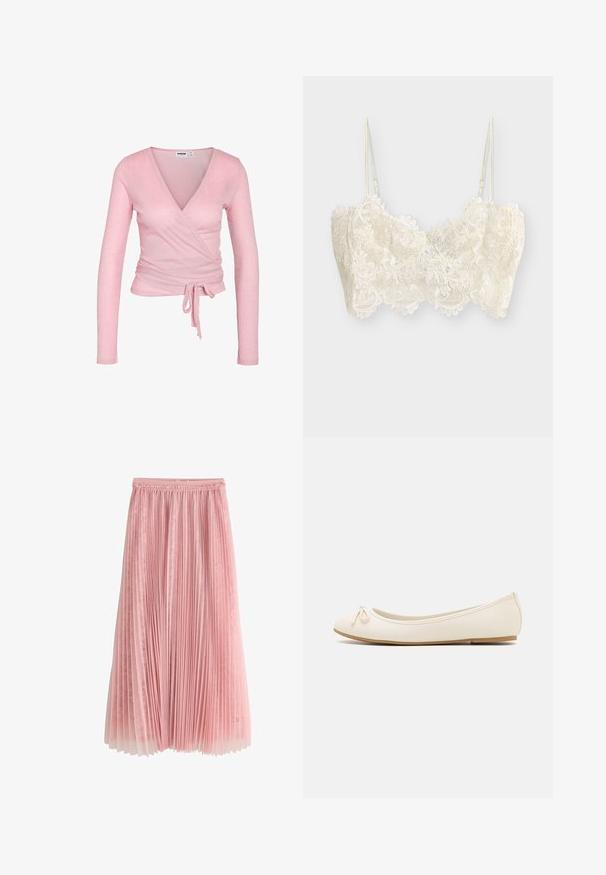 Lyserød, langærmet ribstrikket omslagstop med V-hals og bånd til at binde i taljen, tætsiddende silhuet og blød stoftekstur.; Hvid blonde-bralette med blomsterdekorationer, tynde justerbare skulderstropper og bølgede kanter langs bund og halsudskæring.; Rosa plisseret midi-nederdel med et lag af blonder under og en rynket talje, vist på en hvid baggrund.; Balletflade i crèmefarve med en rund tå, en lille sløjfedetalje foran og en struktureret beige sål. Glat syntetisk materiale.