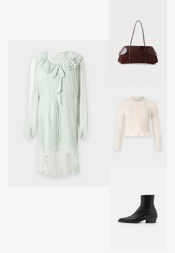 Cremefarvet ribbestrikket cardigan med lange ærmer, flæsekrave og knaplukning foran. Har en peplum-kant for ekstra tekstur og detaljer.; Mintgrøn kjole lavet af letvægtsstof. Har en flæsekrave, lange ærmer med samlede manchetter og et høj-lav kantdesign.; Sorte læder ankelstøvler med firkantet tå, mat finish og lav blokhæl. Har et glat, strømlinet design uden udsmykninger.; Brun ruskinds taske med læderdetaljer, struktureret form, dobbelte skulderstropper og afrundede kanter, som har en glat tekstur og minimal hardware.
