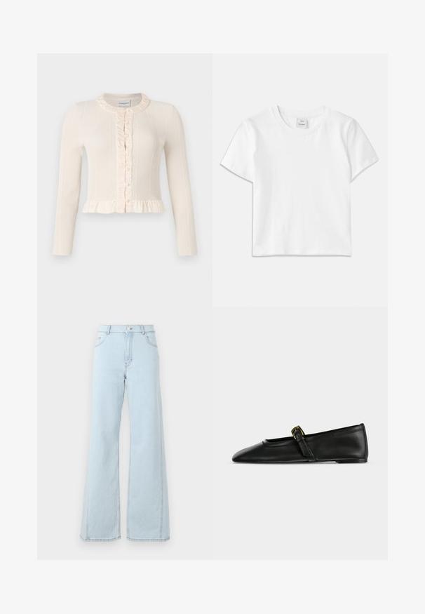 Cremefarvet ribbestrikket cardigan med lange ærmer, flæsekrave og knaplukning foran. Har en peplum-kant for ekstra tekstur og detaljer.; Hvid bomulds-t-shirt med rund hals, korte ærmer og lige kant. Mærke med teksten "Won Hundred" placeret i midten af halsudskæringen.; Lysblå denim wide-leg jeans har høj talje, frontlommer og synlige stiksyninger på sømmene og kanten.; Sort Mary Jane flat sko i læder med spids tå og en tynd rem med et lille guldfarvet spænde, vist fra siden på en ensfarvet baggrund.