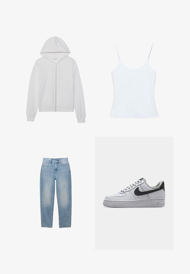 Haut en coton zippé blanc, avec une capuche, des poches avant et des poignets côtelés. Texture douce avec un design simple et épuré.; Camisole blanche pour femme avec fines bretelles spaghetti et un design ajusté et sobre.; Jean en denim bleu clair à jambes droites avec bouton frontal, fermeture éclair et cinq poches, présenté sur un fond blanc.; Sneaker en cuir blanc avec accents gris, bout rond, surface texturée, col rembourré et logo swoosh noir contrastant. Semelle avec coussin d'air.