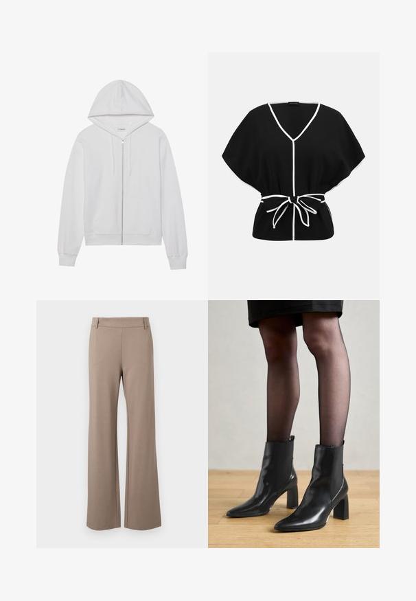 Witte rits-hoodie gemaakt van katoen, met een capuchon, voorzakken en ribgebreide manchetten. Zachte textuur met een eenvoudig, strak ontwerp.; Zwarte korte mouwen blouse met witte afwerking, V-hals en striksluiting in de taille.; Bruine wijde broek gemaakt van zacht materiaal, met een gladde textuur, platte tailleband en zonder zichtbare patronen of hardwaredetails.; Zwarte leren enkellaarsjes met een spitse neus, stevige vierkante hak en een fraaie uitstraling. Beschikt over elastische zijpanelen voor gemakkelijke aan- en uittrekken.