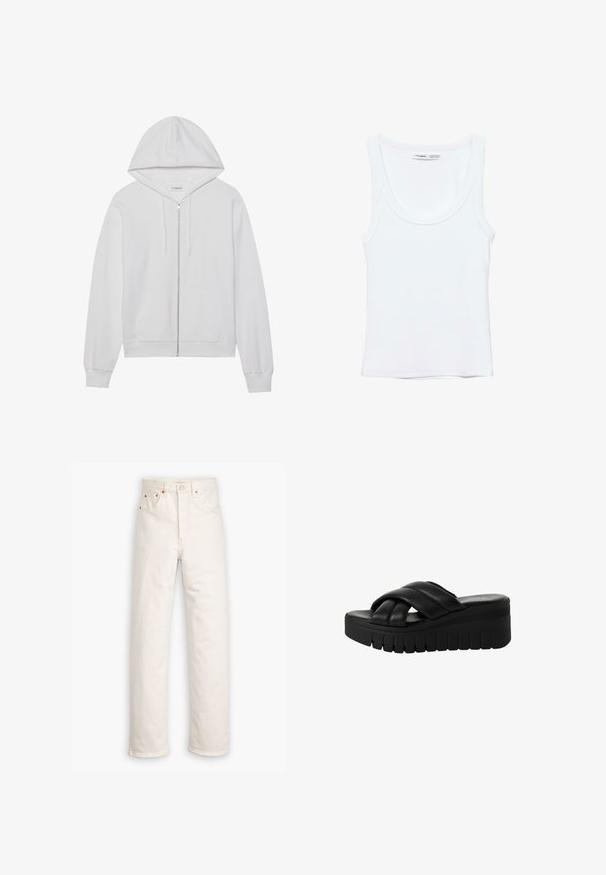 Witte rits-hoodie gemaakt van katoen, met een capuchon, voorzakken en ribgebreide manchetten. Zachte textuur met een eenvoudig, strak ontwerp.; Effen witte mouwloze tanktop met ronde hals, gemaakt van zachte stof, met een label aan de binnenkant van de kraag dat merk en maat aangeeft.; Witte denim jeans met een recht gesneden ontwerp, vijf zakken en koperen hardware accenten. Afgeronde zoom aan de enkels.; Zwarte platform sandalen met gekruiste banden van glad leer, voorzien van een dikke, gestructureerde zool en een licht afgeronde teen.