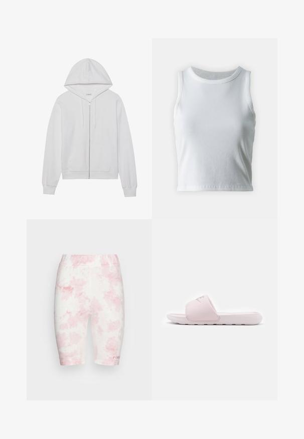 Hvid hættejakke med lynlås lavet af bomuld, har en hætte, forlommer og ribbede ærmer. Blød tekstur med et enkelt, rent design.; Hvid ribbet tanktop med rund halsudskæring og ærmeløs design, med en lige kant og en glat, strækbar tekstur.; FUBU CORPORATE TIEDYE CYCLING - Shorts - pink; Rosa slidessandal med fleksibel gummisål, polstret rem og minimalistisk design. Har et logo på remmen og en glat overflade.