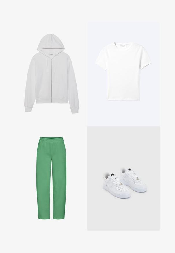 Haut en coton zippé blanc, avec une capuche, des poches avant et des poignets côtelés. Texture douce avec un design simple et épuré.; T-shirt blanc uni à manches courtes et col rond avec une petite étiquette "WEEKDAY" à l'intérieur de l'encolure, présenté à plat sur un fond clair.; Pantalon de survêtement vert en tissu mélangé coton, doté d'une taille élastique, de poches latérales et d'une coupe décontractée.; Baskets Nike Air Force 1 blanches avec une tige en cuir lisse, un embout perforé, des lacets blancs et un logo noir sur la languette.