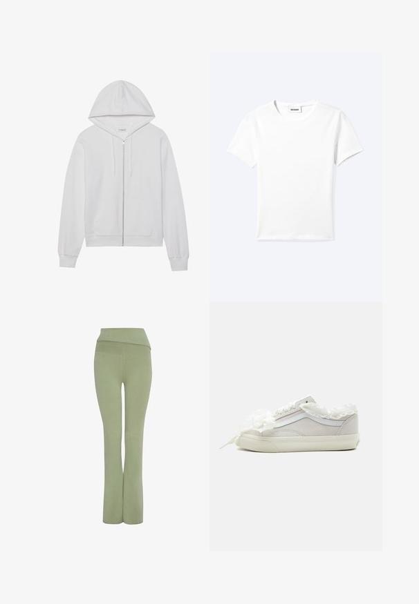 Sudadera blanca con cierre de cremallera, hecha de algodón, que cuenta con una capucha, bolsillos frontales y puños de canalé. Textura suave con un diseño simple y limpio.; Camiseta blanca lisa de manga corta con cuello redondo y una pequeña etiqueta "WEEKDAY" dentro del cuello, mostrada extendida sobre un fondo claro.; Pantalones ajustados verdes con una cinturilla ancha y un diseño de pierna acampanada. Textura de tela suave, diseñados para la comodidad y flexibilidad.; Zapatilla blanca de caña baja con cuello de tela fruncida y lazo de encaje sobre un fondo claro y liso, vista lateral.