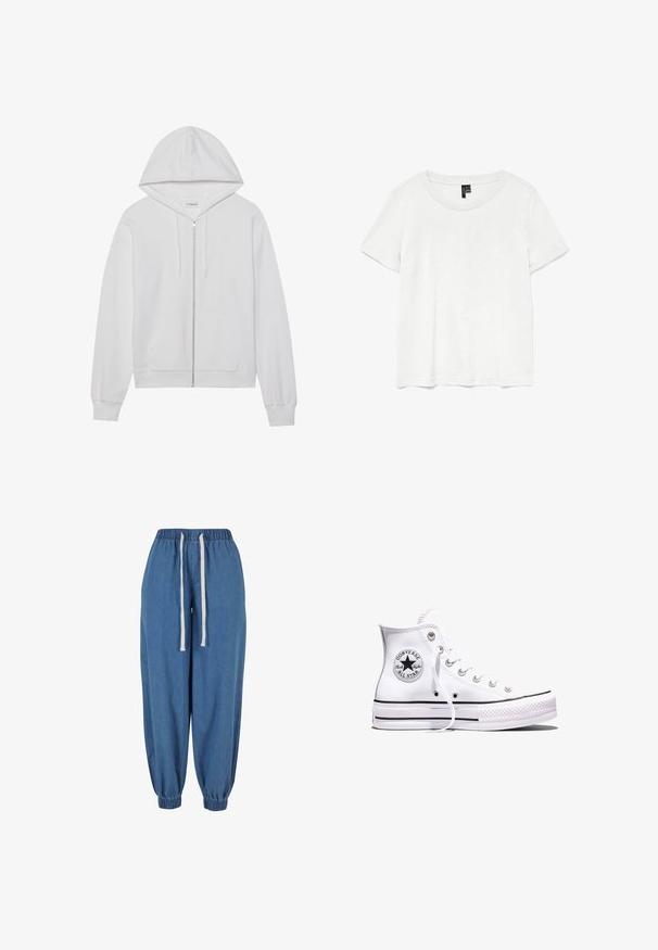 Weiße Zip-up-Hoodie aus Baumwolle, mit Kapuze, Fronttaschen und gerippten Bündchen. Weiche Textur mit einem einfachen, klaren Design.; Weißes T-Shirt mit kurzen Ärmeln und rundem Ausschnitt, hergestellt aus leichtem Stoff. Schlichtes Design, glatte Textur und gerader Saum.; Blaue Denim-Jogginghose mit elastischem Bund und Bündchen, mit weißen Kordeln an der Taille.; Weißer Converse Chuck Taylor All Star High-Top-Sneaker mit schwarzen Streifen und Logo-Patch an der Seite, präsentiert vor einem schlichten weißen Hintergrund.