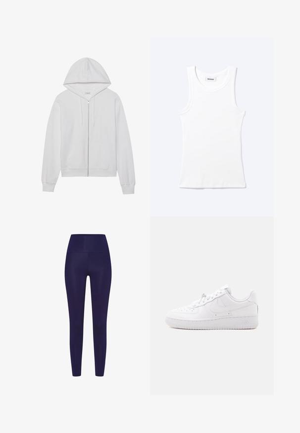 Sudadera blanca con cierre de cremallera, hecha de algodón, que cuenta con una capucha, bolsillos frontales y puños de canalé. Textura suave con un diseño simple y limpio.; Camiseta sin mangas blanca con textura de canalé, cuello redondo y una pequeña etiqueta que dice "WEEKDAY" en el interior del cuello.; Leggings azul marino con una cintura alta, hechos de un material liso y elástico. El diseño presenta una forma ajustada sin patrones.; Zapatilla blanca de perfil bajo con puntera perforada, cierre de cordones, suela texturizada y un sutil logotipo de Swoosh en el lateral.