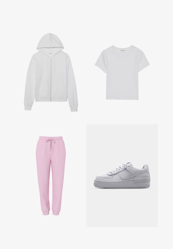Weiße Zip-up-Hoodie aus Baumwolle, mit Kapuze, Fronttaschen und gerippten Bündchen. Weiche Textur mit einem einfachen, klaren Design.; Weißes kurzärmliges V-Ausschnitt-T-Shirt aus Rippstoff. Es zeichnet sich durch ein sauberes Design mit geradem Saum und minimalen Details aus.; Hellrosa Jogginghose mit elastischem Bund, Kordelzug, Seitentaschen und elastischen Bündchen, abgebildet auf weißem Hintergrund.; Graue Nike Air Force 1 Sneaker mit perforierter Zehenpartie, Obermaterial aus glattem Leder, dicker Sohle und geprägtem 'AIR'-Detail an der Ferse.