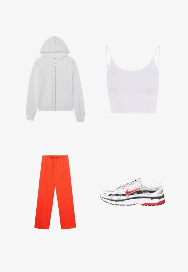 Sudadera blanca con cierre de cremallera, hecha de algodón, que cuenta con una capucha, bolsillos frontales y puños de canalé. Textura suave con un diseño simple y limpio.; Camiseta sin mangas blanca con tirantes delgados ajustables, un diseño ceñido y una textura suave y elástica sin patrones ni adornos.; Pantalones anchos rojos, hechos de un tejido texturizado con acanalado vertical y una cinturilla elástica con cordón para ajustarse.; Zapatillas deportivas en blanco y negro con detalles en rojo y dorado. Presentan una parte superior de malla, una suela acolchada y un diseño de cierre con cordones seguro.