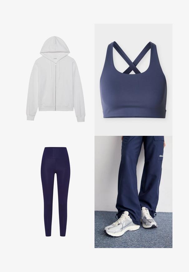Sudadera blanca con cierre de cremallera, hecha de algodón, que cuenta con una capucha, bolsillos frontales y puños de canalé. Textura suave con un diseño simple y limpio.; Sujetador deportivo azul marino con tirantes anchos que se cruzan en la espalda, escote redondo y diseño sin costuras para soporte atlético.; Leggings azul marino con una cintura alta, hechos de un material liso y elástico. El diseño presenta una forma ajustada sin patrones.; Zapatillas deportivas Nike con parte superior de malla plateada, acentos blancos y suelas texturizadas, combinadas con pantalones azul marino de corte holgado.