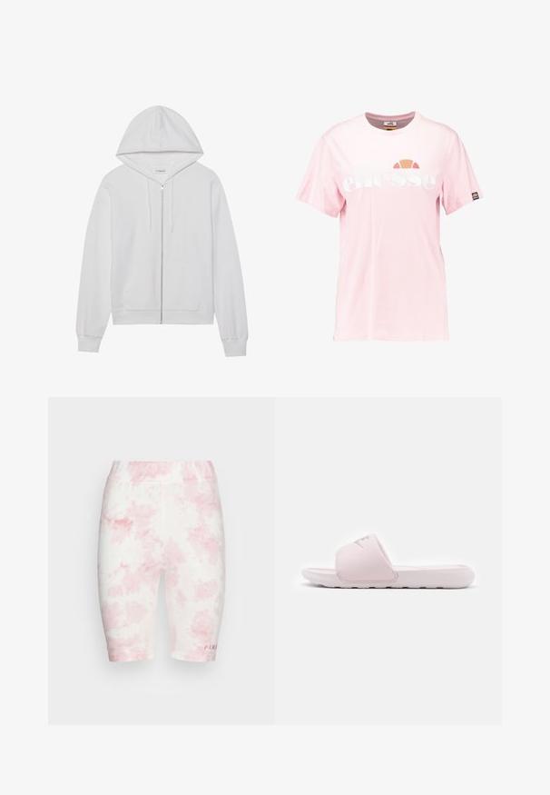Hvid hættejakke med lynlås lavet af bomuld, har en hætte, forlommer og ribbede ærmer. Blød tekstur med et enkelt, rent design.; Lyserød bomulds t-shirt med et stort hvidt "ellesse" logo, rund halsudskæring, korte ærmer og et lille logopatch på ærmet.; FUBU CORPORATE TIEDYE CYCLING - Shorts - pink; Rosa slidessandal med fleksibel gummisål, polstret rem og minimalistisk design. Har et logo på remmen og en glat overflade.