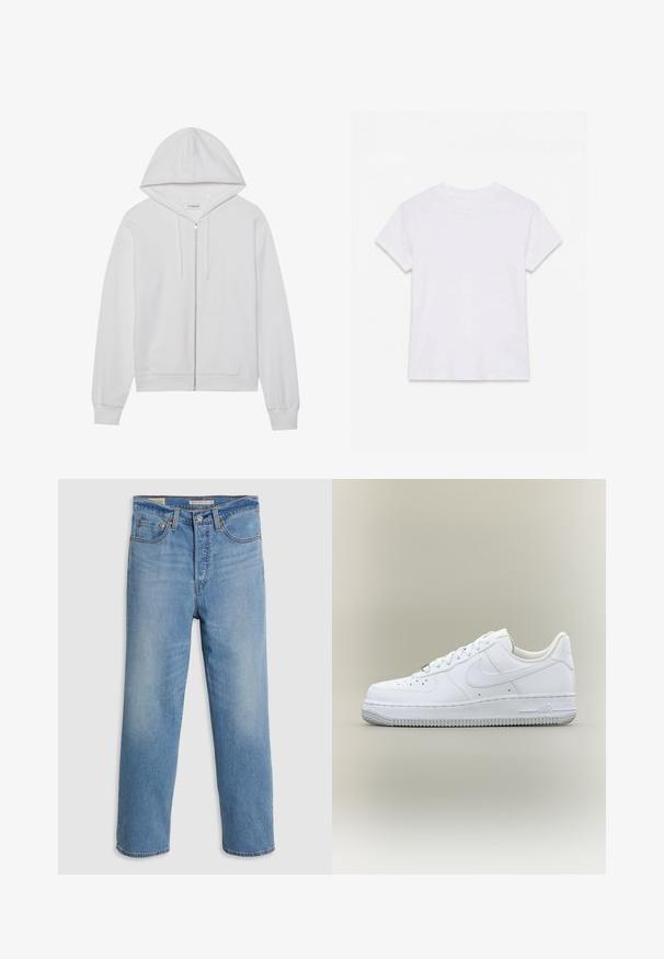 Witte rits-hoodie gemaakt van katoen, met een capuchon, voorzakken en ribgebreide manchetten. Zachte textuur met een eenvoudig, strak ontwerp.; Effen wit katoenen T-shirt met korte mouwen en ronde hals, plat gelegd op een witte achtergrond.; Lichtblauwe rechte denim jeans met voorzakken, riemlussen en een knoopsluiting op een effen achtergrond.; Witte lage Nike Air Force 1 sneaker met veters, geperforeerde neus en gestructureerde rubberen zool op neutrale achtergrond.