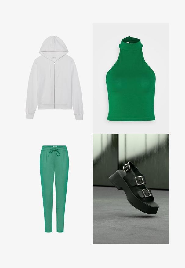 Witte rits-hoodie gemaakt van katoen, met een capuchon, voorzakken en ribgebreide manchetten. Zachte textuur met een eenvoudig, strak ontwerp.; Neon & Nylon NAYA HALTER NECK - Top - green; Groene joggerbroeken van zachte stof, met een elastische taille, trekkoordsluiting en twee zijzakken met een slim fit ontwerp.; Zwarte platformsandaal met drie brede banden en zilveren gespen, zwevend boven een grijze tapijtvloer met een wazige glazen achtergrond.