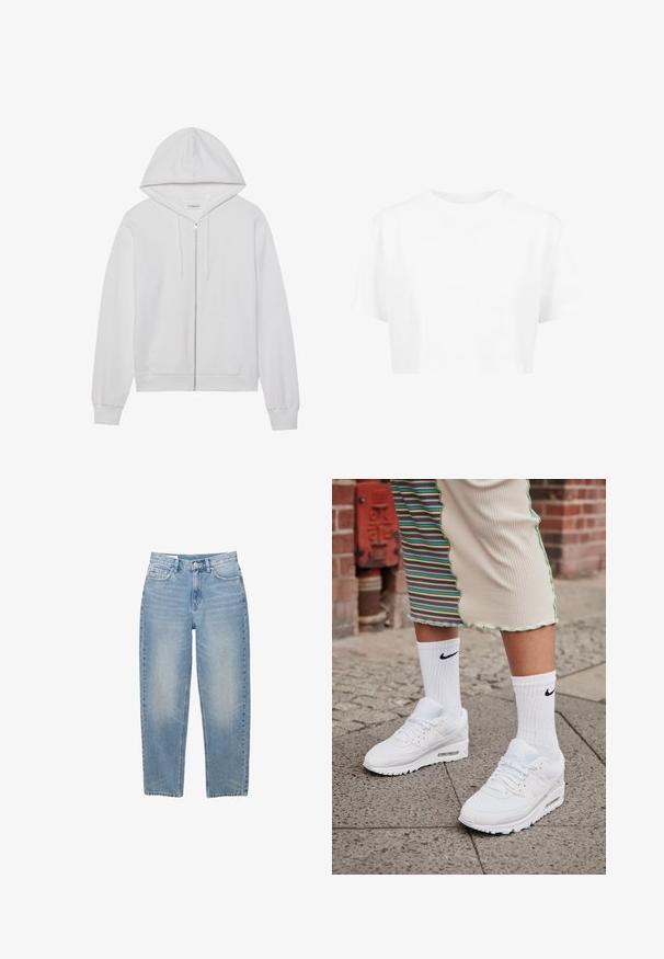 Haut en coton zippé blanc, avec une capuche, des poches avant et des poignets côtelés. Texture douce avec un design simple et épuré.; T-shirt blanche raccourcie, à manches courtes, col rond, en tissu lisse, sans motifs visibles ni quincaillerie distincte.; Jean en denim bleu clair à jambes droites avec bouton frontal, fermeture éclair et cinq poches, présenté sur un fond blanc.; Baskets Nike Air Max 90 blanches avec une tige en maille et cuir, dotées d'une unité d'air visible, accompagnées de chaussettes blanches côtelées avec un logo noir.