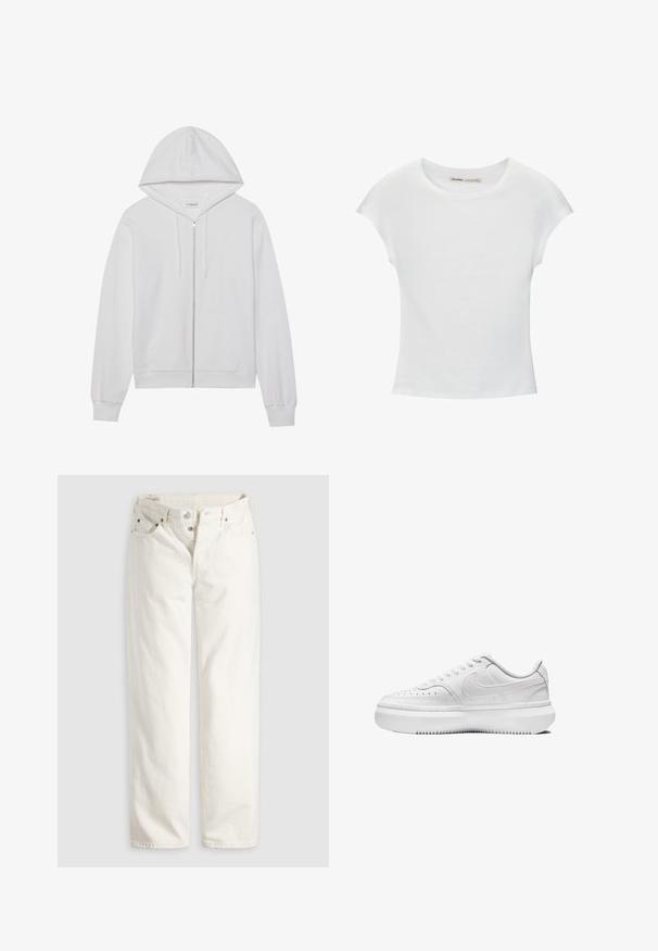 Witte rits-hoodie gemaakt van katoen, met een capuchon, voorzakken en ribgebreide manchetten. Zachte textuur met een eenvoudig, strak ontwerp.; Witte katoenen T-shirt met korte, opgerolde mouwen, een ronde halslijn en een rechte zoom. Gladde textuur zonder zichtbare patronen of accenten.; Witte rechte jeans met hoge taille, knoopsluiting, voor- en achterzakken, en zichtbare koperen klinknagels op de hoeken van de zakken.; Witte sneakers met een gladde leren bovenkant, ronde neus, geperforeerde details en dikke witte rubberen zool. Bevat een logo aan de zijkant en platte veters.