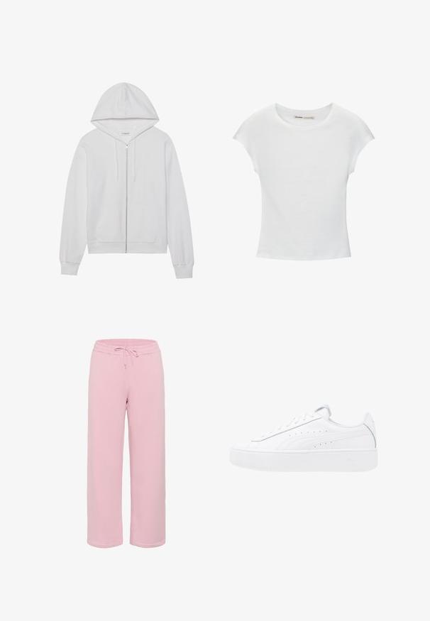 Witte rits-hoodie gemaakt van katoen, met een capuchon, voorzakken en ribgebreide manchetten. Zachte textuur met een eenvoudig, strak ontwerp.; Witte katoenen T-shirt met korte, opgerolde mouwen, een ronde halslijn en een rechte zoom. Gladde textuur zonder zichtbare patronen of accenten.; Lichtroze sweatpants van zachte stof, met een wijd-uitlopend design, een elastische tailleband met trekkoord en manchet-omslagen.; Witte platte sneakers met leren bovenzijde, ronde neus en vetersluiting. Voorzien van zijperforaties en subtiele branding op de hak.