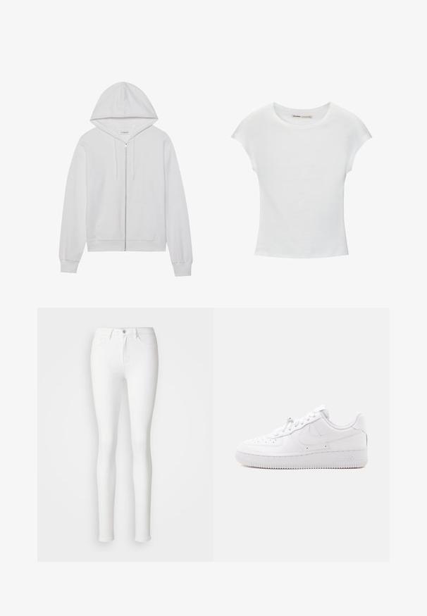 Witte rits-hoodie gemaakt van katoen, met een capuchon, voorzakken en ribgebreide manchetten. Zachte textuur met een eenvoudig, strak ontwerp.; Witte katoenen T-shirt met korte, opgerolde mouwen, een ronde halslijn en een rechte zoom. Gladde textuur zonder zichtbare patronen of accenten.; Witte skinny jeans gemaakt van rekbare katoenmix, met voorzakken, een ritssluiting en een enkele knoopsluiting.; Low-top witte sneaker met geperforeerde neus, vetersluiting, textuurschoen en een subtiel Swoosh-logo aan de zijkant.