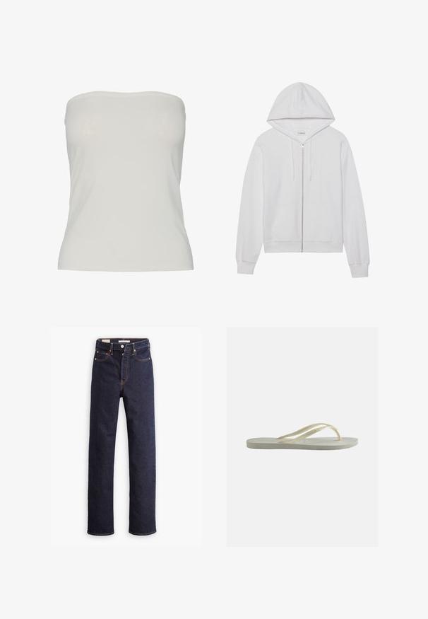 Witte rits-hoodie gemaakt van katoen, met een capuchon, voorzakken en ribgebreide manchetten. Zachte textuur met een eenvoudig, strak ontwerp.; Strapless top van lichtbeige stof, getailleerd ontwerp met een gladde textuur, naadloze randen en geen zichtbare patronen of hardwaredetails.; Donkerblauwe straight-leg denim jeans met vijf zakken en zichtbare oranje stiksels op een witte achtergrond.; Enkele ecru rubberen teenslipper met dunne bandjes en een gestructureerd voetbed, zijaanzicht op een effen achtergrond.