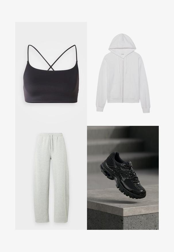 Hvid hættejakke med lynlås lavet af bomuld, har en hætte, forlommer og ribbede ærmer. Blød tekstur med et enkelt, rent design.; Sort bralette med en glat overflade, der har tynde stropper, som krydser hinanden på ryggen for et minimalistisk design.; Lysegrå joggingbukser med elastisk linning og snørre. Stoffet har en blød tekstur og lige, løstsiddende ben.; Sort Nike løbesko med mesh og syntetisk overdel, der svæver over en betonoverflade og trin i baggrunden.