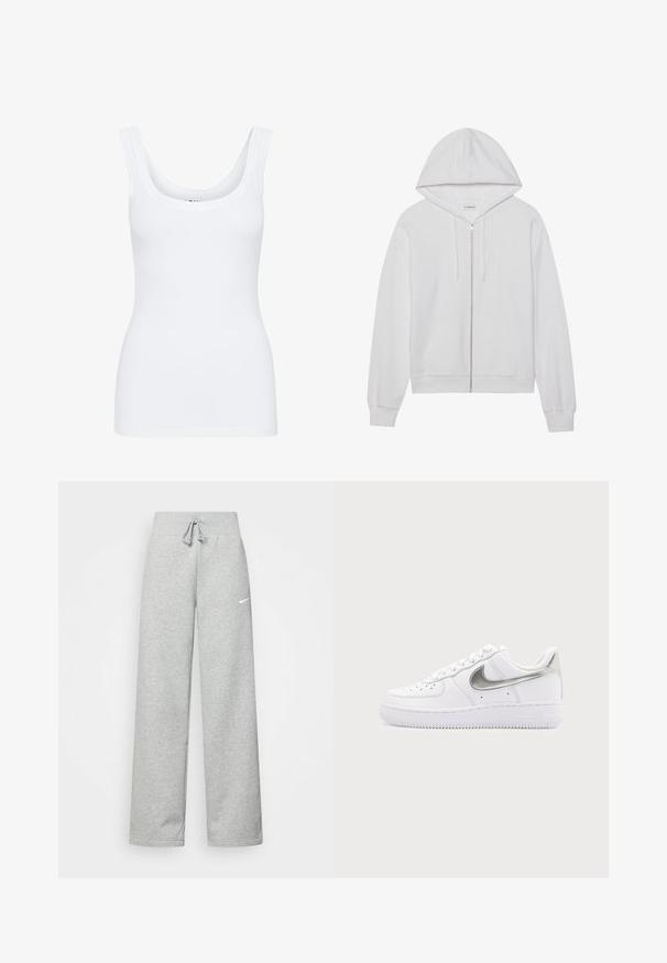 Witte rits-hoodie gemaakt van katoen, met een capuchon, voorzakken en ribgebreide manchetten. Zachte textuur met een eenvoudig, strak ontwerp.; Witte tanktop met een ronde halslijn, brede schouderbanden en een nauwsluitend ontwerp, gemaakt van een gladde, rekbare stof.; Grijze sweatpants met een elastische tailleband, een trekkoord-detail en een klein wit Nike-logo op de linkerdij. Zachte stof, losvallend.; Witte lage sneaker met metallic zilveren Nike-swoosh en witte veters op een effen lichtgrijze achtergrond.