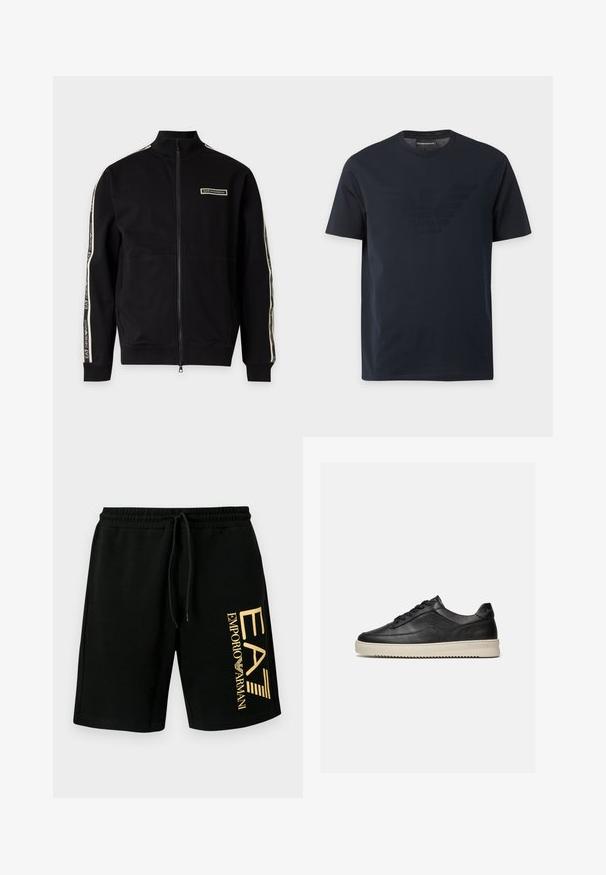 Veste noire zippée intégrale avec col haut, écusson logo blanc sur la poitrine et bandes blanches de marque courant le long des deux manches.; T-shirt noir à manches courtes avec col rond, comportant un logo aigle en relief discret sur la poitrine et une étiquette de marque à l'intérieur du col.; Shorts en coton noirs avec une taille élastique et un cordon de serrage. Présentent un logo doré imprimé sur le côté gauche. Texture lisse.; Baskets basses en cuir noir avec des lacets noirs et une semelle en caoutchouc épaisse de couleur crème, présentées sur un fond blanc.