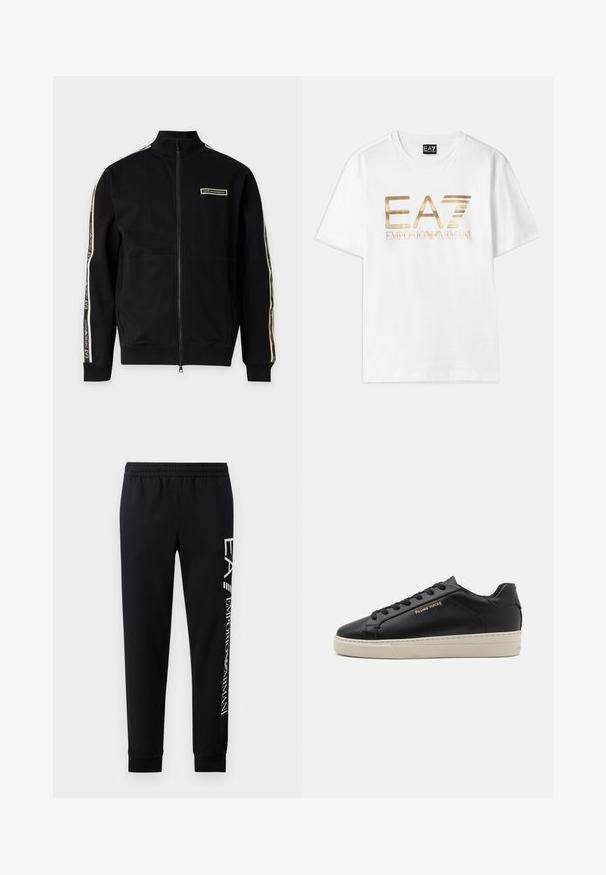 Sort jakke med fuld lynlås og høj krave, hvid logo-patch på brystet og hvide mærkede striber ned langs begge ærmer.; Hvid bomulds t-shirt med et stort guldmetallic "EA7" logo og teksten "EMPORIO ARMANI" nedenunder, med korte ærmer og rund hals.; Sorte sweatpants lavet af en bomuldsblanding, med elastisk talje, smalle ben, ribbede manchetter og hvidt logo print langs siden.; Sorte lædersneakers med en glat finish, kontrasterende cremefarvet sål, rund tå, guld logo på siden og seks huller til snørebånd.