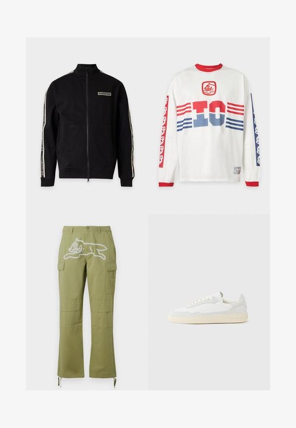 Chaqueta negra con cremallera completa y cuello alto, parche blanco con el logo en el pecho y rayas blancas con marca que recorren ambas mangas.; Camiseta blanca de manga larga de malla con cuello y puños rojos, rayas rojas y azules, texto grande "TC" y motivos gráficos en las mangas y el pecho.; Icecream RUNNING DOG PANTS - Pantalones cargo - green; Zapatilla blanca con parte superior texturizada de ante y cuero. Presenta una puntera redondeada, cierre con cordones y suela de goma beige contrastante.