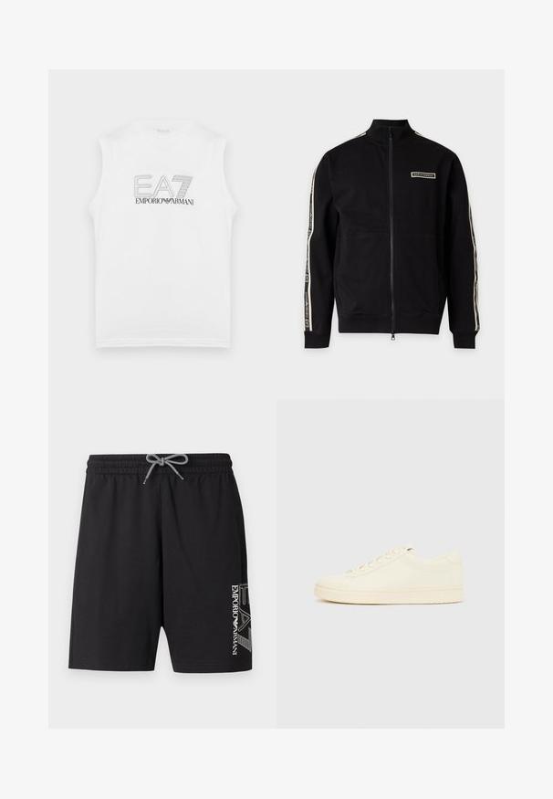 Veste noire zippée intégrale avec col haut, écusson logo blanc sur la poitrine et bandes blanches de marque courant le long des deux manches.; Chemise sans manches blanche avec le logo "EA7 Emporio Armani" en contour noir centré sur le devant.; Shorts de bain noirs en tissu doux, dotés d'une taille élastique avec cordon de serrage, de poches latérales et d'un logo blanc imprimé sur une jambe.; Baskets couleur crème avec une tige en cuir lisse, bout arrondi, laçage à l'avant et semelle en caoutchouc texturée. Design minimaliste, sans logo.