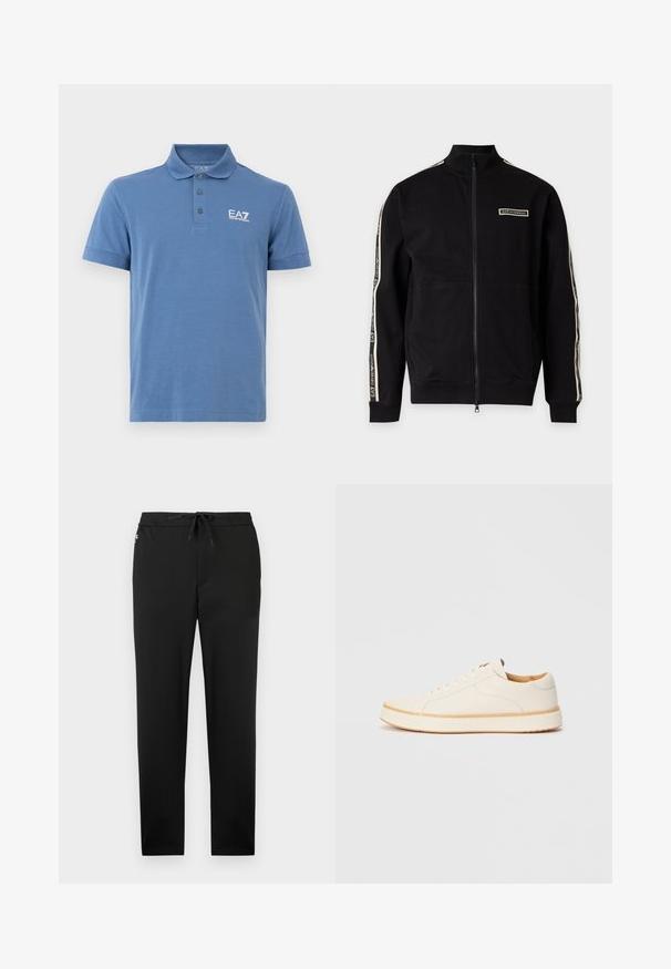 Veste noire zippée intégrale avec col haut, écusson logo blanc sur la poitrine et bandes blanches de marque courant le long des deux manches.; Polo bleu à manches courtes avec trois boutons et logo EA7 Emporio Armani blanc sur la poitrine gauche.; Jack & Jones Joggers Tapered Fit - Pantalon classique - black; Baskets en cuir blanc avec un bout rond, design simple à lacets, semelle intérieure rembourrée et semelle en caoutchouc beige contrastante. Texture lisse sur l'ensemble.