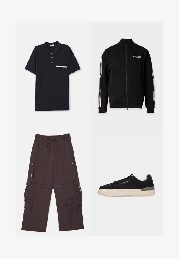 Chaqueta negra con cremallera completa y cuello alto, parche blanco con el logo en el pecho y rayas blancas con marca que recorren ambas mangas.; Camisa polo negra de algodón con una tapeta de tres botones, mangas cortas y un bolsillo en el pecho que presenta un acento plateado y una etiqueta.; Pantalones de chándal marrones con cinturilla elástica, cordón ajustable, dos bolsillos laterales con cremallera y detalles estilo cargo con lazos.; Zapatilla baja negra con suela blanca, logotipo de Armani Exchange en el costado, cordones negros y detalle en gris claro en el talón, mostrada sobre un fondo liso.